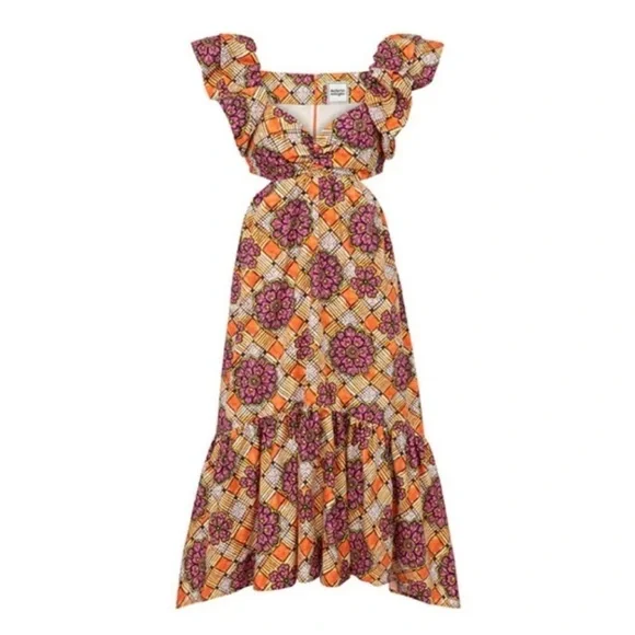 Autumn Adeigbo Chioma Floral Cutout Midi Dress Purple Orange Tiered Ruffle Dress - Picture 1 of 15
